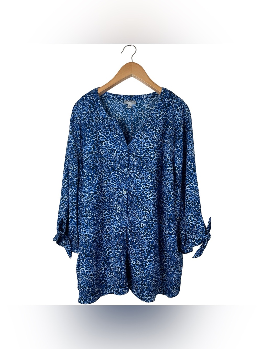 Catherines Blue Animal Print Button Up Tie Sleeve Blouse Women’s Size 4X